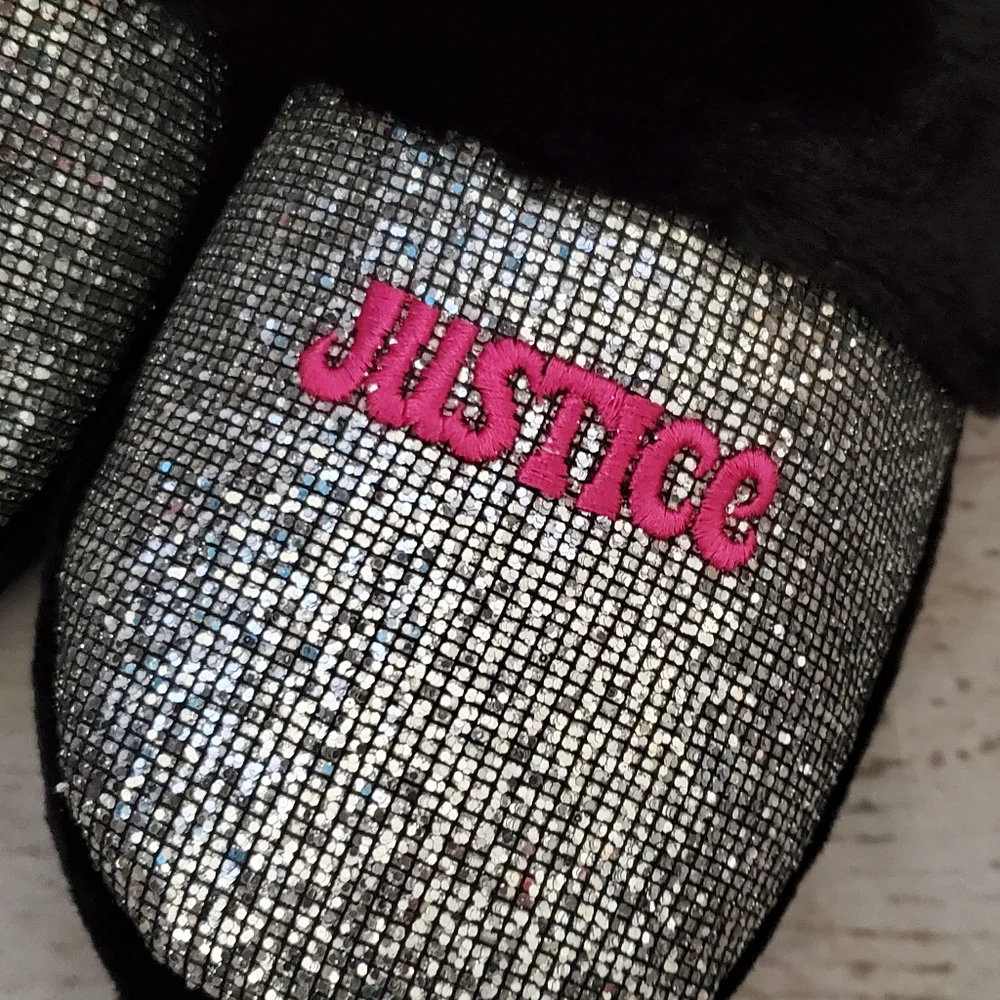 Justice girls slippers silver bling, pink logo, black faux fur size 6